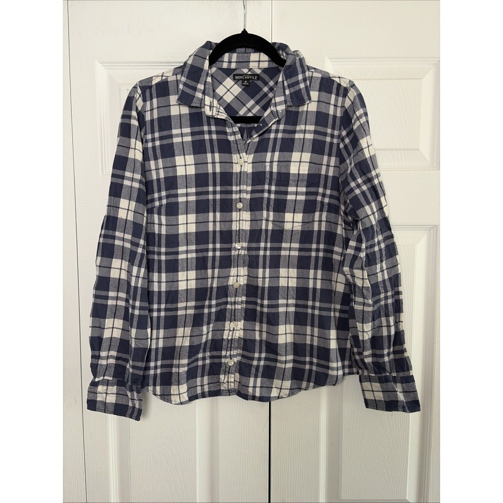 J. Crew Mercantile Plaid Button Down Womens Size M Blue White Flannel Cotton